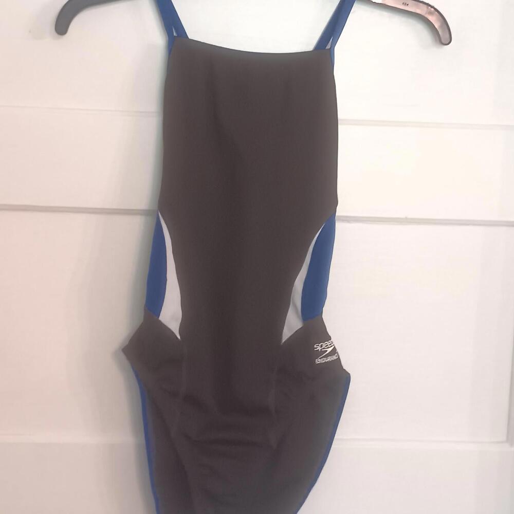 Speedo Endurance+ Flyback 1 PC Swimsuit Womens Size 6/32  Black Front Blue Back